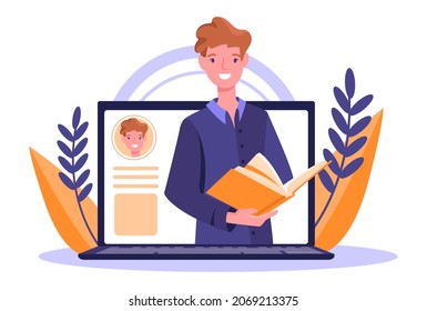 Concepto de seminarios web en línea. Un joven con libro en las manos mira desde la pantalla del portátil y explica un nuevo tema de lección. Aprendizaje a distancia. El profesor conduce el curso. Ilustración vectorial plana moderna de dibujos animados