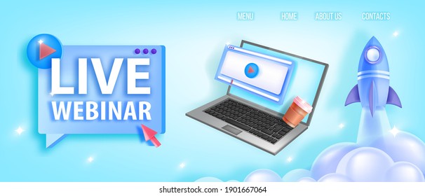 Online webinar, digital training educational vector web concept with launching rocket, laptop screen. Internet conference, video virtual meeting, tutorial study banner. Remote online webinar, seminar