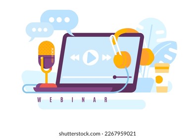 Online webinar. Distance learn technology. Remote education. Digital communication. Computer video player. Microphone and headphones. Laptop screen. Internet study course