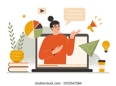 Online webinar, education concept. Teacher or tutor speaking from a laptop screen, making a business presentation. Distance learning, remote training, marketing course. Isolated modern flat vector