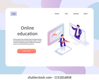 Online webinar. Education isometric landidng page. E-learning vector illustration.