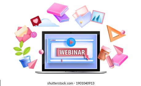 Online webinar education vector icon, icon, logo with laptop screen, play button, arrow, book, documents. Web conference, remote tutorial, lecture 3D illustration. Online webinar business concept