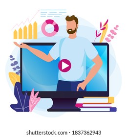 Online webinar. E-learning, training podcast concept. Vector illustration with video lector man, business coaching.