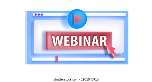 Online webinar, free remote video training, courses icon, vector logo with play button, isolated on white. Video meeting, tutorial, lecture educational business concept.Digital online webinar, seminar