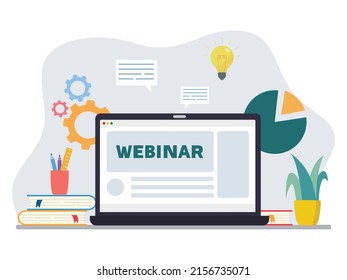 Online webinar illustration, online course concept. Laptop on the desk, screen showing a webinar platform, starting broadcast. E-learning. Isolated modern flat vector illustration