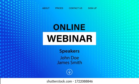 Online webinar landing page template  Vector banner mock up for business conference announcement  Abstract blue halftone dotted minimal background