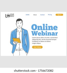 Página de inicio de Webinar en línea en línea delgada. Joven sonriente con computadora portátil. Aprendizaje a distancia, seminarios web en línea, cursos y concepto de desarrollo de habilidades. Tecnología digital e innovaciones.