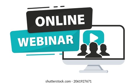 Seminario web en línea. Botón Webinar en vivo en el portátil. Videoconferencia. Concepto de formación, curso en línea, educación a distancia. Transmisión de comunicación digital. Comunicación a distancia. Reunión de equipo, trabajo remoto