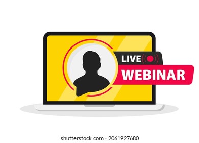 Online webinar. Live Webinar Button on laptop. Video conference. Training concept, online course, distance education. Digital communication streaming. Distance communication. Team meeting, Remote work