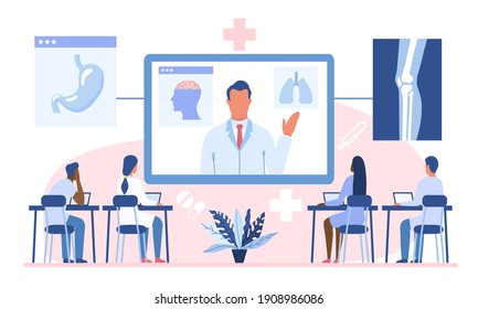 Online webinar or medical courses concept. Doctor teaching diverse multiracial academic students or interns. Flat cartoon vector illustration