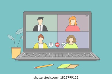 Seminario web en línea, reunión. Webinars y reuniones web a nivel de colegas, educación moderna. Ilustración del vector