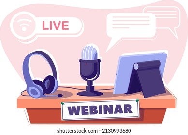 Online webinar with microphone, headphones, and tablet on the table. Recording interviews, online learning concept, conducting online lessons. Stock vector illustration