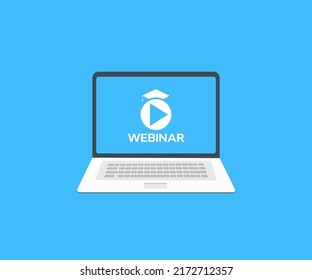 Online webinar on laptop screen,  seminar logo design. Live webinar button , Laptop with Webinar E-business Browsing Connection and cloud online technology webcast concept, business concept vector.