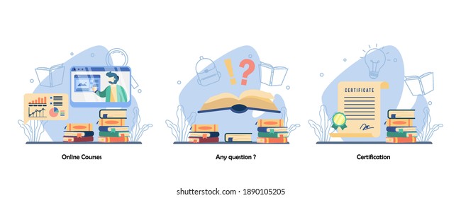 Seminario web en línea, preguntas y respuestas, conjunto de iconos de logros académicos. Cursos en línea, cualquier pregunta, certificación. Diseño plano vectorial aislado concepto ilustraciones metáforas
