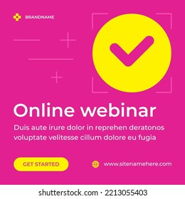 Online webinar success registration join checkmark academic knowledge on air broadcasting social media post vector illustration. Internet seminar live streaming e learning lecture lesson courses
