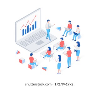 Online webinar, training, e-learning isometric concept. Isometric man tells students about a graph on a monitor screen. Trendy flat 3d isometric style. Vector illustration.