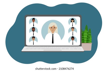 Seminario web en línea o formación en línea. Portátil con la imagen de la comunicación en línea de hombres y mujeres. Ilustración plana del vector
