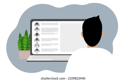Seminario web en línea o formación en línea. Portátil con la imagen de la comunicación en línea de hombres y mujeres. Hombre mira el seminario web. Ilustración plana del vector
