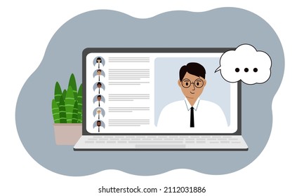 Online webinar or online training. Laptop with the image of online communication of men and women. Vector flat illustration
