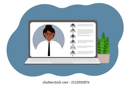 Online webinar or online training. Laptop with the image of online communication of men and women. Vector flat illustration