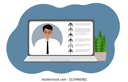 Seminario web en línea o formación en línea. Portátil con la imagen de la comunicación en línea de hombres y mujeres. Ilustración plana del vector