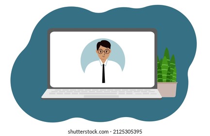 Online webinar or online training. Laptop with a picture of a male specialist. Vector