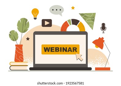 Online webinar, training, marketing course concept. Laptop on the desk, screen showing a webinar platform, starting broadcast. E-learning, video presentation. Isolated modern flat vector illustration