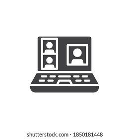 Icono de vector de webinar en línea. La videoconferencia portátil llenó el signo plano para el concepto móvil y el diseño web. Icono de glifo de encuentro en línea. Símbolo, ilustración del logotipo. Gráficos vectoriales