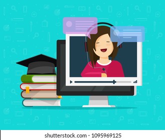 Online webinar vector illustration, flat cartoon pc computer video online internet training, web education, distance learning or study concept, person video call chat or on-line digital tutorial