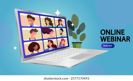 online webinar, video conference with colleagues. Teleconference for work from home concept. Videoconferencing and online meeting workspace. vector, flat design, illustration