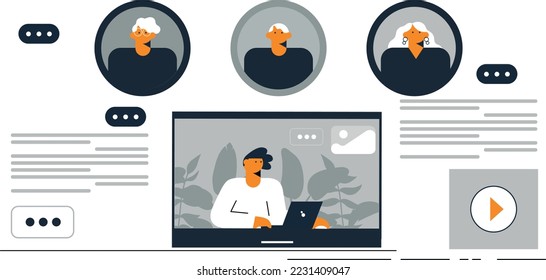 Online webinar. Video conference. Online meeting work. People on computer screen. Webinar concept, online course, distance education. Working from home. Vector flat illustration. 