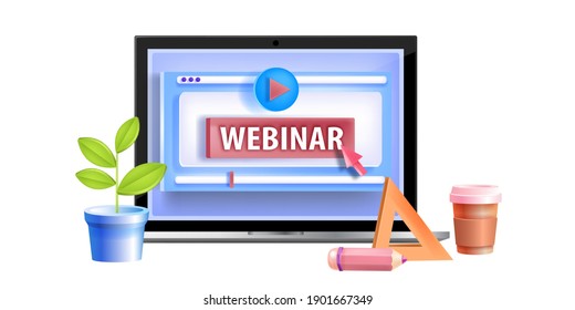 Online webinar, video courses, digital web training, internet education vector logo concept, laptop. Virtual remote lecture, tutorial, live seminar illustration. Live free online webinar, play button