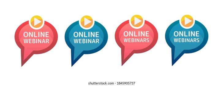 Online webinar and online webinars icons or buttons. Vector red and blue icons of live webinar isolated on a white background. Social media live webinar banner – speech bubble with a play icon.