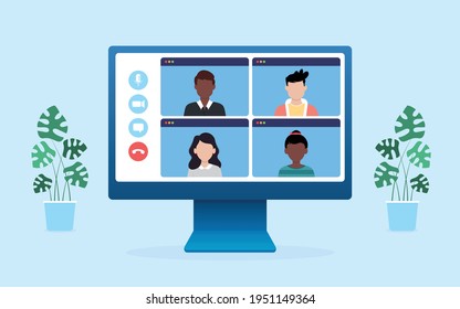 Online webinars from home via Teleconference Web Video Conference Call During Coronavirus COVID-19 Pandemic Outbreak Display on Screen. vector illustration.Editable