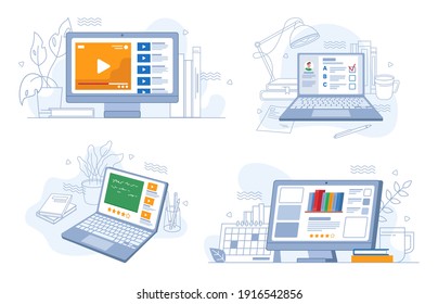 Online webinars trainings   work  e  learning set  flat cartoon  Vector video tutorials  tests distance education  rating knowledge marks  studying   learning using modern computer technologies