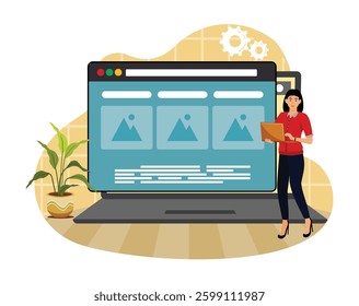 Online Website Builder Concept. Woman using professional website builder software, online page development and maintenance. Flat vector modern illustration 