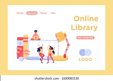 Online website and mobile library tiny people flat design vector illustration can use for landing page, web, mobile, app, banner, flyer, poster