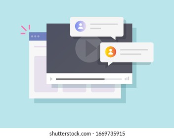 Online website video chat comments or webinar training tutorial discussion vector flat cartoon, illustration of video player window in internet web browser with speech bubbles modern design