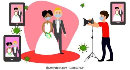 Online wedding ceremony during the pandemic. Groom and bride wearing wedding dress and mask on wedding day. Photographer in mask.