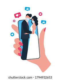 Online wedding ceremony with smartphone. Newlyweds wearing face masks. New normal.