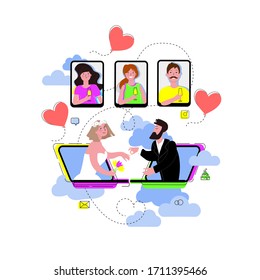 
online wedding ceremony with virtual guests. with balloons and wedding icons. self-isolation due to coronavirus 