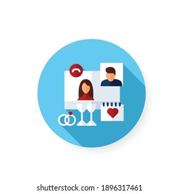 Online Wedding Day Flat Icon. Meeting Together Concept. Live Stream Holiday Celebration. Social Distanced Party. Remote Public Event, Community. Isolated Color Vector Illustration With Shadow