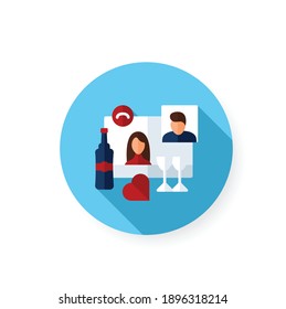 Online Wedding Day Flat Icon. Meeting Together Concept. Live Stream Holiday Celebration. Social Distanced Party. Remote Public Event, Community. Isolated Color Vector Illustration With Shadow