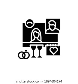 Online Wedding Day Glyph Icon. Meeting Together Concept. Live Stream Holiday Celebration. Social Distanced Party. Remote Public Event, Community. Isolated Silhouette Vector Illustration