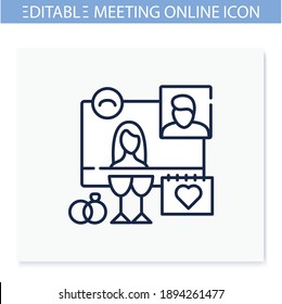 Online Wedding Day Line Icon. Meeting Together Concept. Live Stream Holiday Celebration. Social Distanced Party. Remote Public Event, Community. Isolated Vector Illustration. Editable Stroke