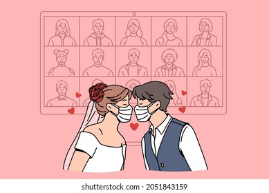 Online wedding during epidemic concept. Young loving couple wearing protective medical masks during wedding ceremony with online guests at pandemic times vector illustration 