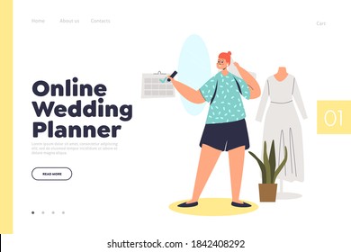 Online wedding planner website landing page with young bride preparing for wedding ceremony standing over wedding dress. Holiday preparations service management. Flat vector illusration