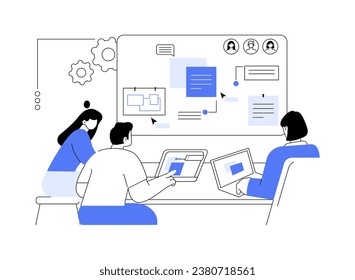 Ilustración abstracta del vector de concepto de pizarra electrónica en línea. Grupo de personas con laptops usando pizarra electrónica remota juntos, tecnología empresarial inteligente, metáfora abstracta de organización de trabajo en equipo de la empresa.