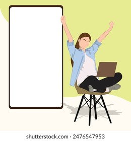 Online win and great deal.  lady sit on chair with laptop raising hands, making success gesture near phone vector