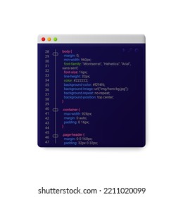 Online windows site with code template. Creation of website with programming and coding commands and use of vector software interface